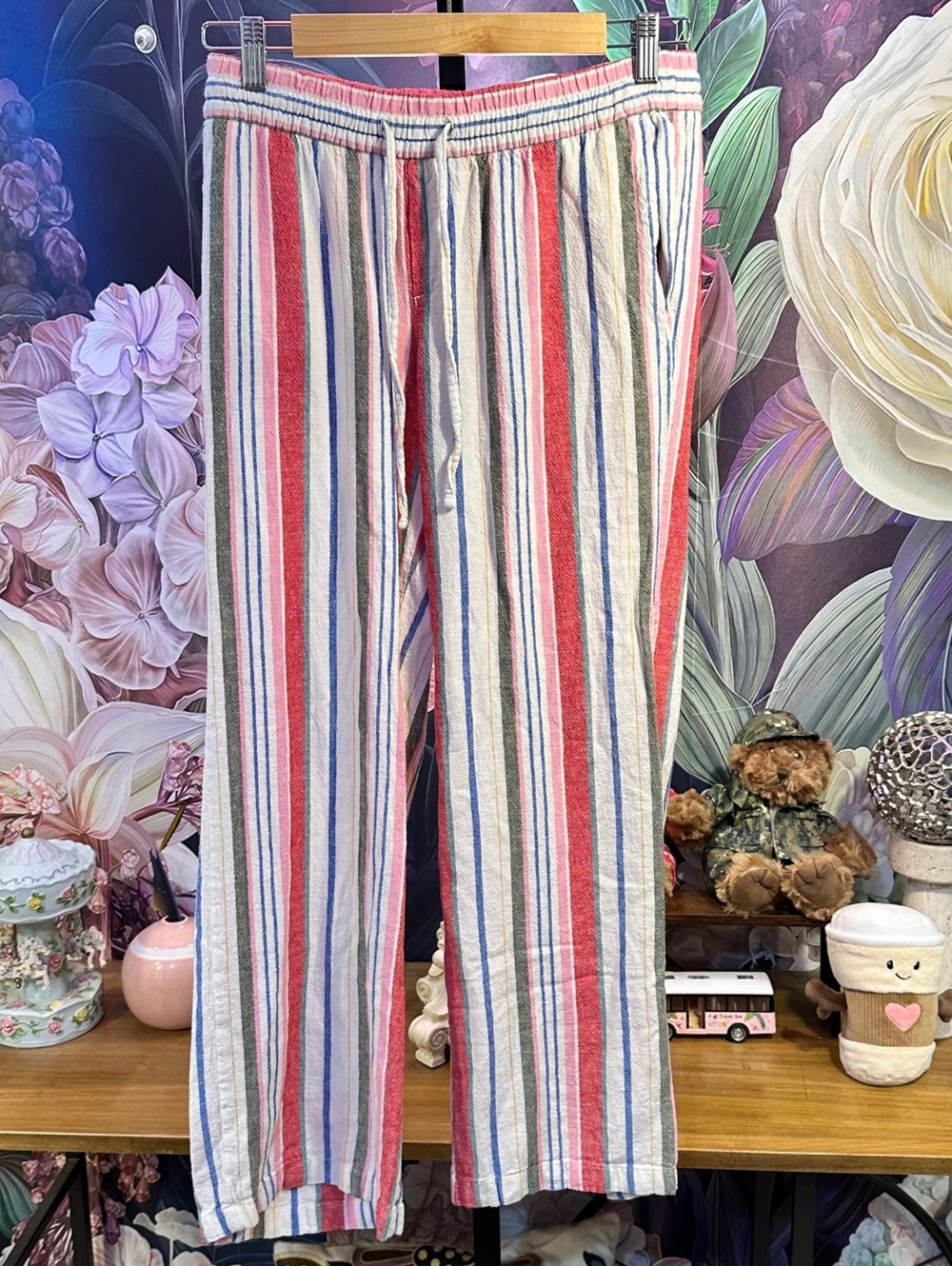 Old Navy XS Linen Blend Wide Leg Pants Striped Drawstring Coastal Resort Boho